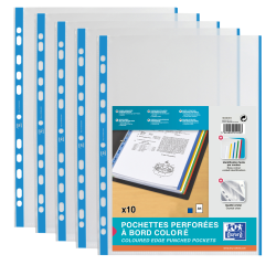Sachet de 10 pochettes perforées Oxford à bande et bords colorés a4 polypro lisse épaisseur 9/100ème bleu