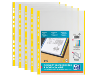 Sachet de 10 pochettes perforées Oxford à bande et bords colorés a4 polypro lisse épaisseur 9/100ème jaune