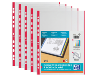 Sachet de 10 pochettes perforées Oxford à bande et bords colorés a4 polypro lisse épaisseur 9/100ème rouge