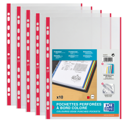 Sachet de 10 pochettes perforées Oxford à bande et bords colorés a4 polypro lisse épaisseur 9/100ème rouge