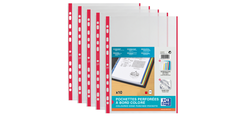 Sachet de 10 Pochettes perforées Oxford à bande et bords colorés A4 polypro lisse épaisseur 9/100ème