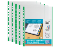 Sachet de 10 pochettes perforées Oxford à bande et bords colorés a4 polypro lisse épaisseur 9/100ème vert