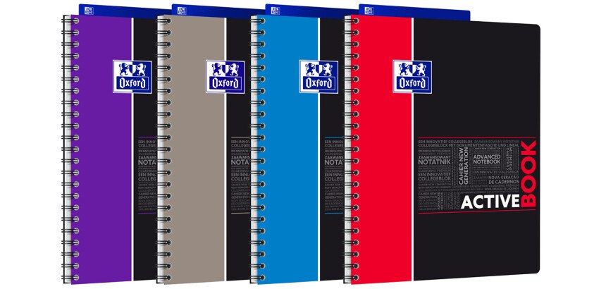 Cahier Oxford Etudiants Activebook A4+ ligné 7mm 160 pages reliure spirale couverture polypro coloris assortis