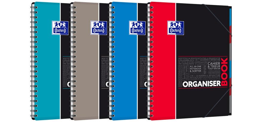 Cahier Oxford Etudiants Organiserbook A4+ ligné 7mm 160 pages reliure spirale couverture polypro coloris assortis