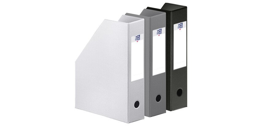Lot 3 porte-revues Oxford A4 dos 7cm couverture carte rigide recouverte de PVC coloris assortis noir, gris et blanc