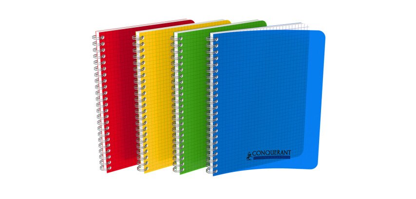 Cahier Conquérant classique 17x22cm petits carreaux 5mm 100 pages reliure spirale couverture polypro coloris assortis