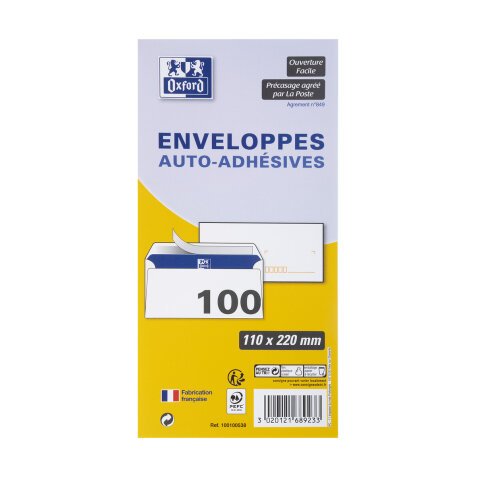 Lot de 100 enveloppes Oxford 110x220 auto adhesive precasee - blanc