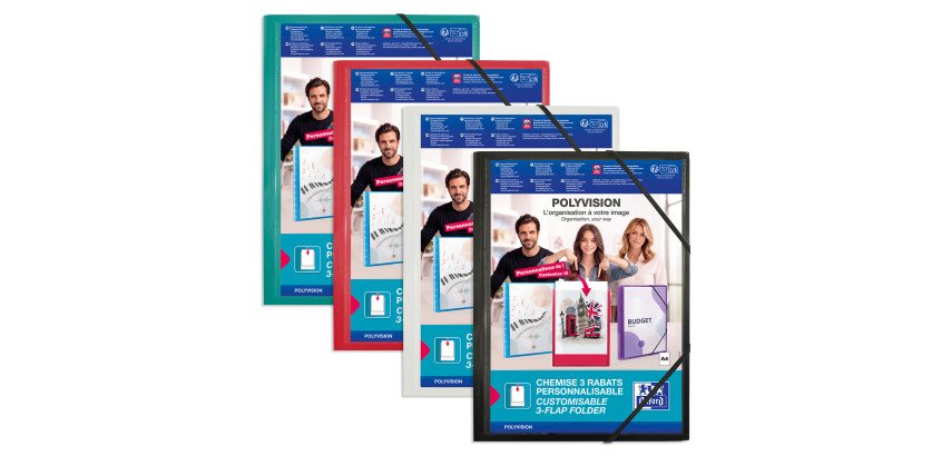 Chemise à élastique 3 rabats polypropylène personnalisable Oxford Polyvision 24 x 32 cm couleurs assorties