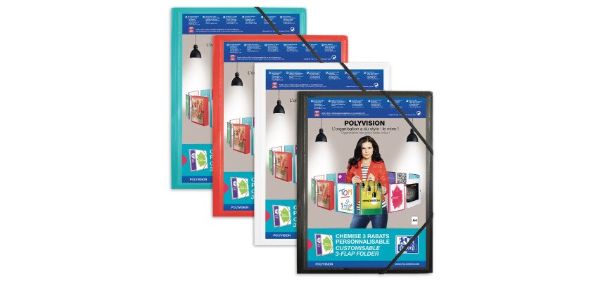 Chemise à élastique 3 rabats polypropylène personnalisable Oxford Polyvision 24 x 32 cm couleurs assorties