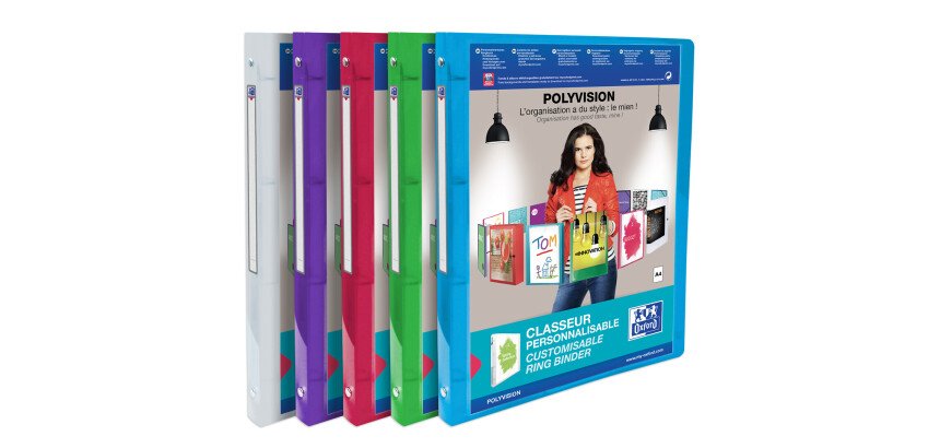 Classeur Oxford polyvision a4 dos 20mm 4 anneaux ronds couverture polypro translucide coloris assortis