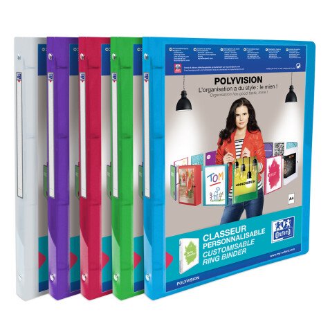 Classeur Oxford polyvision personnalisable  a4 dos 20mm 4 anneaux ronds couverture polypro translucide coloris assortis