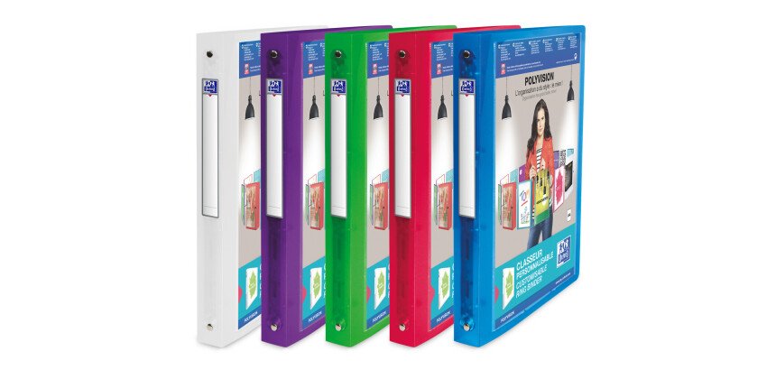 Classeur Oxford polyvision a4 dos 30mm 4 anneaux ronds couverture polypro translucide coloris assortis