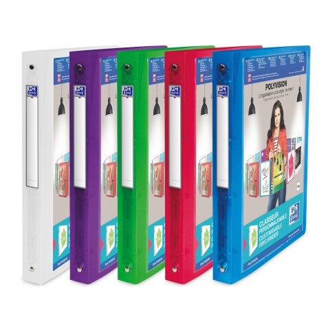 Classeur Oxford polyvision a4 dos 30mm 4 anneaux ronds couverture polypro translucide coloris assortis
