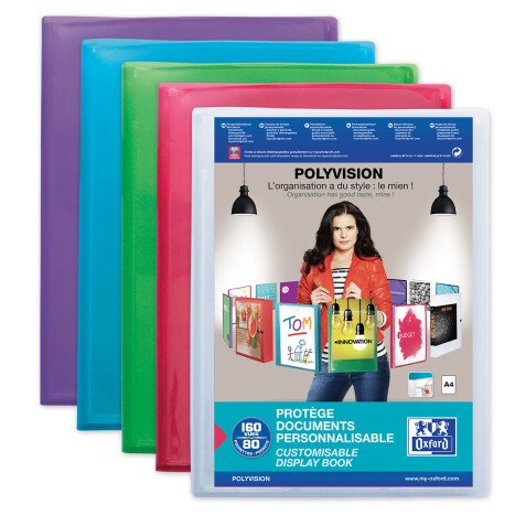 Protège-documents Oxford polyvision a4 160 vues / 80 pochettes couverture polypro translucide coloris assortis