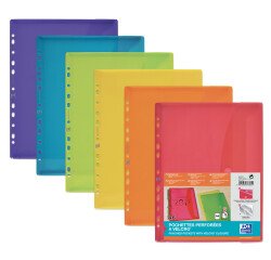 Sachet de 6 pochettes perforées Oxford à velcro® a4 polypro lisse épaisseur 20/100ème coloris assortis
