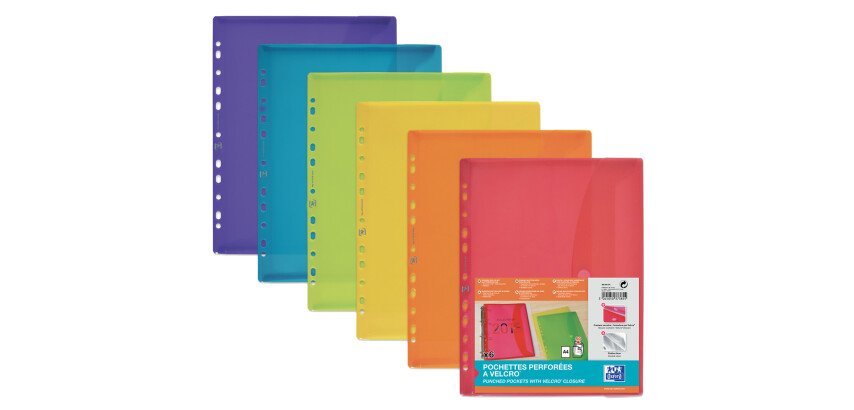 Sachet de 6 Pochettes perforées Oxford à Velcro® A4 polypro lisse épaisseur 20/100ème