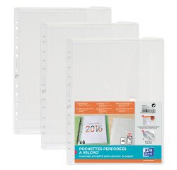 Sachet de 6 pochettes perforées Oxford à velcro® a4 polypro lisse épaisseur 20/100ème incolore