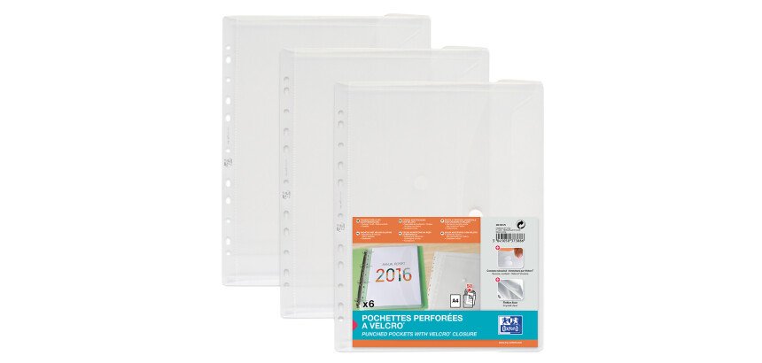 Sachet de 6 pochettes perforées Oxford à velcro® a4 polypro lisse épaisseur 20/100ème incolore