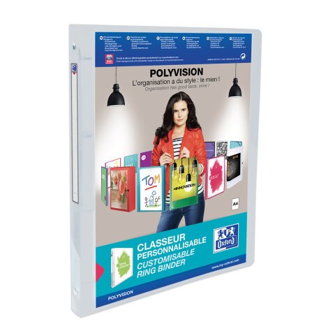 Classeur Oxford polyvision a4 dos 20mm 4 anneaux ronds couverture polypro incolore