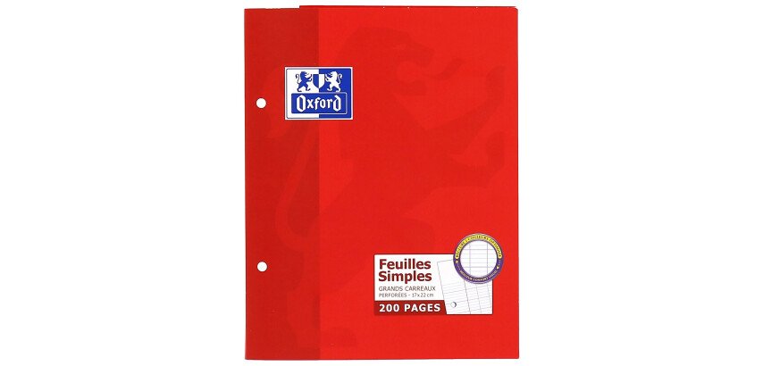 Feuilles simples Oxford 17x22cm grands carreaux Seyès 200 pages étui carte rouge