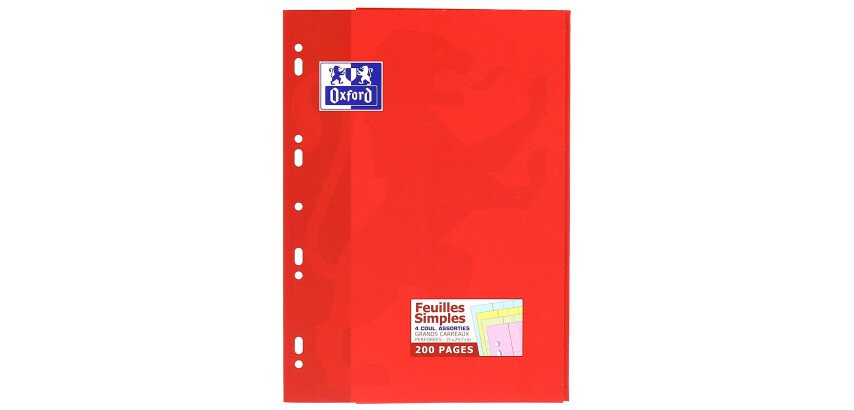 Feuilles simples Oxford A4 grands carreaux Seyès 200 pages étui carte rouge coloris assortis