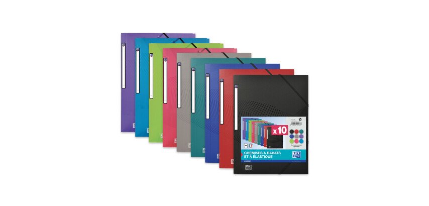Lot 10 Chemises 3 rabats Oxford Osmose A4 avec élastique couverture polypro coloris assortis