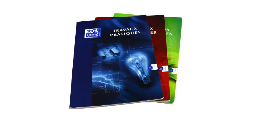 Cahier Oxford de travaux pratiques 24x32cm grands carreaux seyès/uni blanc 80 pages agrafées couverture carte coloris assortis