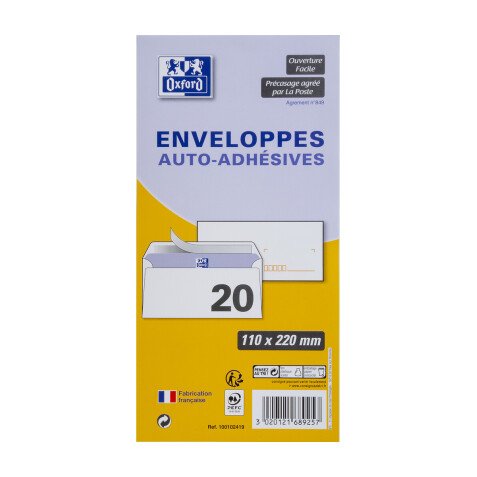 Lot de 20 enveloppes Oxford 110x220  auto adhesive precasee - blanc