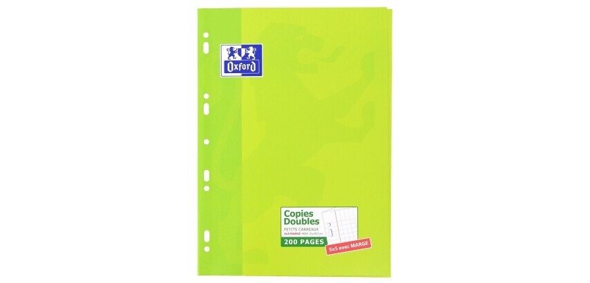 Copies doubles Oxford A4 petits carreaux 5mm margés 200 pages étui carte vert