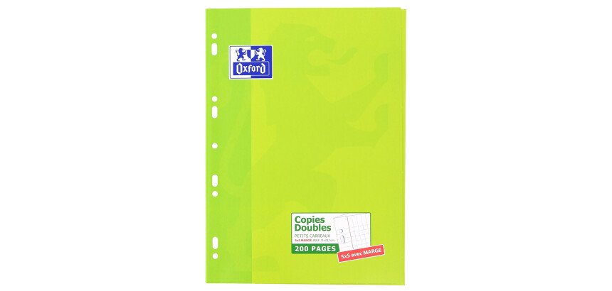 Copies doubles Oxford a4 petits carreaux 5mm margés 200 pages étui carte vert