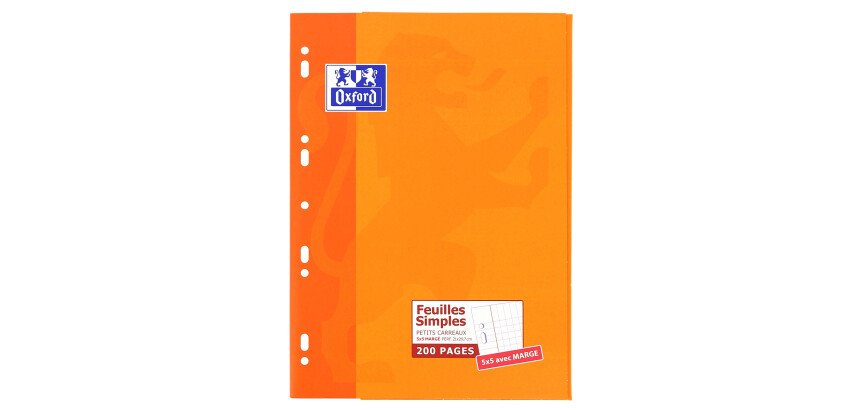 Feuilles simples Oxford a4 petits carreaux 5mm margés 200 pages étui carte orange