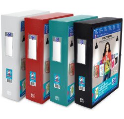 Boîte Oxford grande capacité polyvision 24x32cm dos 80mm avec bouton pression couverture polypro opaque coloris assortis