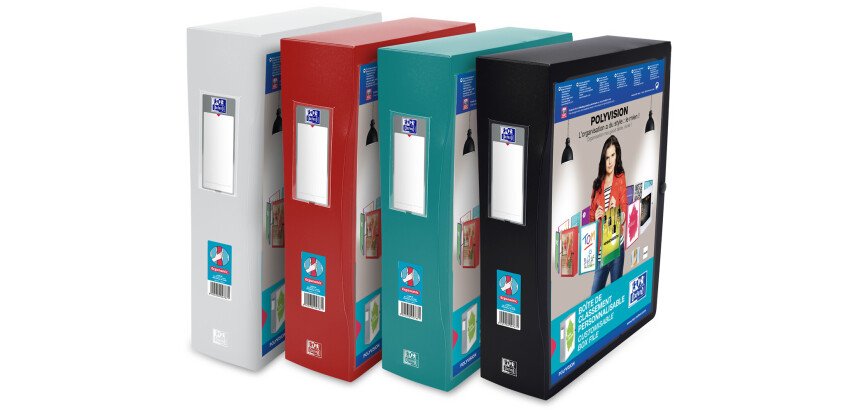 Boîte Oxford grande capacité polyvision 24x32cm dos 80mm avec bouton pression couverture polypro opaque coloris assortis