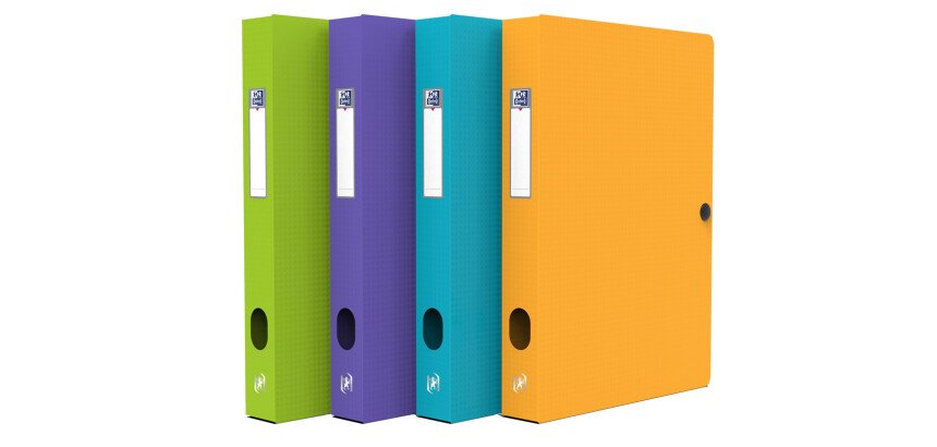 Boîte Oxford capacité standard memphis 24x32cm dos 40mm avec bouton pression couverture polypro coloris assortis style