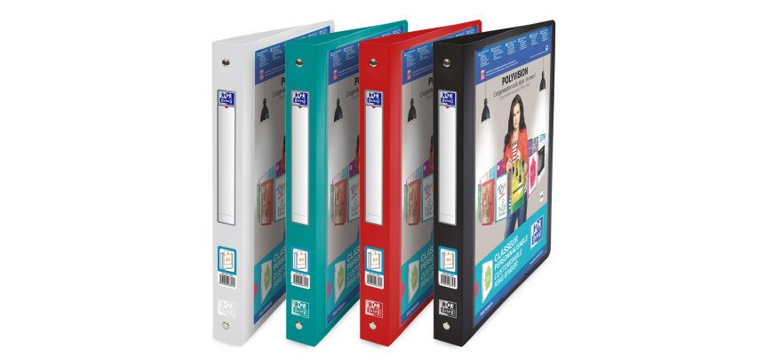 Classeur Oxford polyvision a4 dos 30mm 4 anneaux ronds couverture polypro opaque coloris assortis