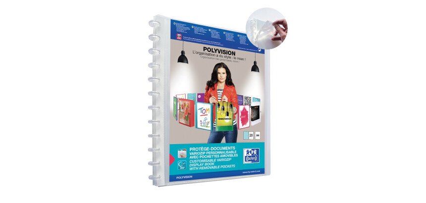 Protège-documents Oxford Variozip Polyvision A4 40 vues / 20 pochettes amovibles couverture polypro