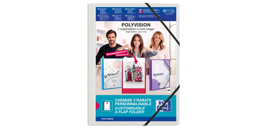 Chemise à élastique 3 rabats polypropylène personnalisable Oxford Polyvision 24 x 32 cm couleurs assorties