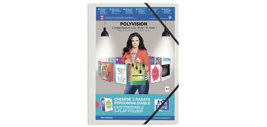 Chemise à élastique 3 rabats polypropylène personnalisable Oxford Polyvision 24 x 32 cm couleurs assorties