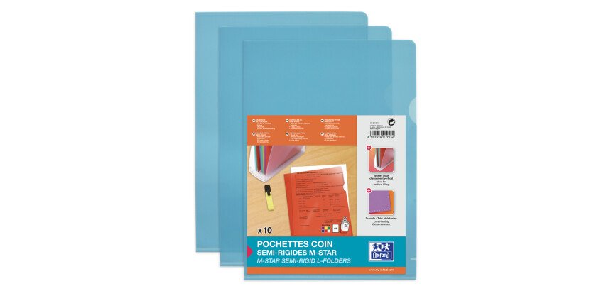 Sachet de 10 pochettes-coin Oxford m star a4 pvc lisse épaisseur 15/100ème bleu