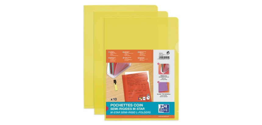 Sachet de 10 pochettes-coin Oxford m star a4 pvc lisse épaisseur 15/100ème jaune