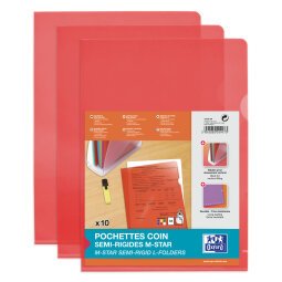 Sachet de 10 pochettes-coin Oxford m star a4 pvc lisse épaisseur 15/100ème rouge