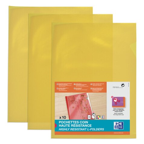Sachet de 10 pochettes-coin Oxford haute résistance a4 pvc lisse épaisseur 15/100ème jaune