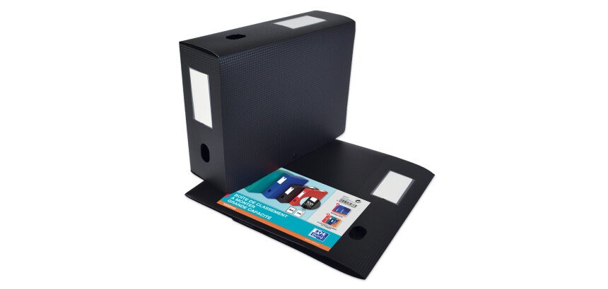 Boîte Oxford grande capacité memphis à plat 24x32cm dos 100mm avec bouton pression couverture polypro noir
