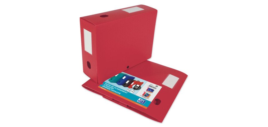 Boîte Oxford grande capacité memphis à plat 24x32cm dos 100mm avec bouton pression couverture polypro rouge