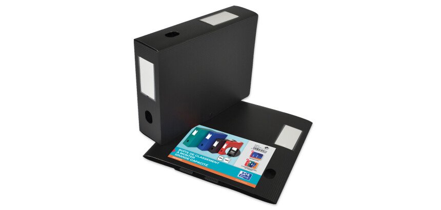 Boîte Oxford grande capacité memphis à plat 24x32cm dos 80mm avec bouton pression couverture polypro noir