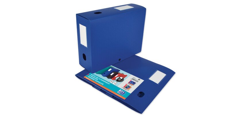 Boîte Oxford grande capacité memphis à plat 24x32cm dos 100mm avec bouton pression couverture polypro bleu