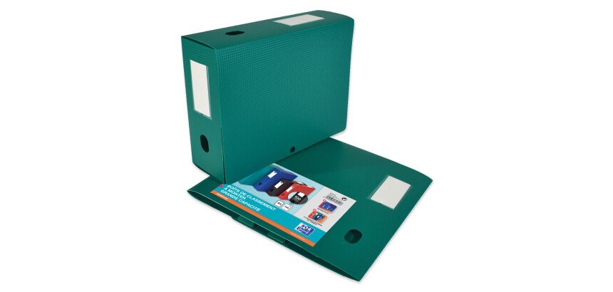 Boîte Oxford grande capacité memphis à plat 24x32cm dos 100mm avec bouton pression couverture polypro vert