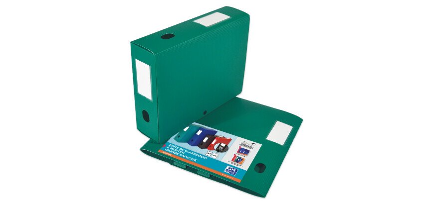 Boîte Oxford grande capacité memphis à plat 24x32cm dos 80mm avec bouton pression couverture polypro vert