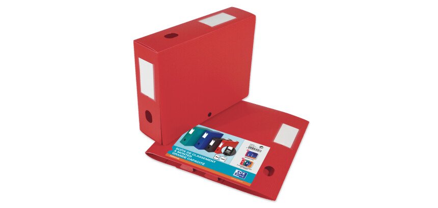 Boîte Oxford grande capacité memphis à plat 24x32cm dos 80mm avec bouton pression couverture polypro rouge