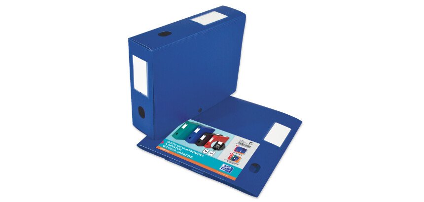 Boîte Oxford grande capacité memphis à plat 24x32cm dos 80mm avec bouton pression couverture polypro bleu